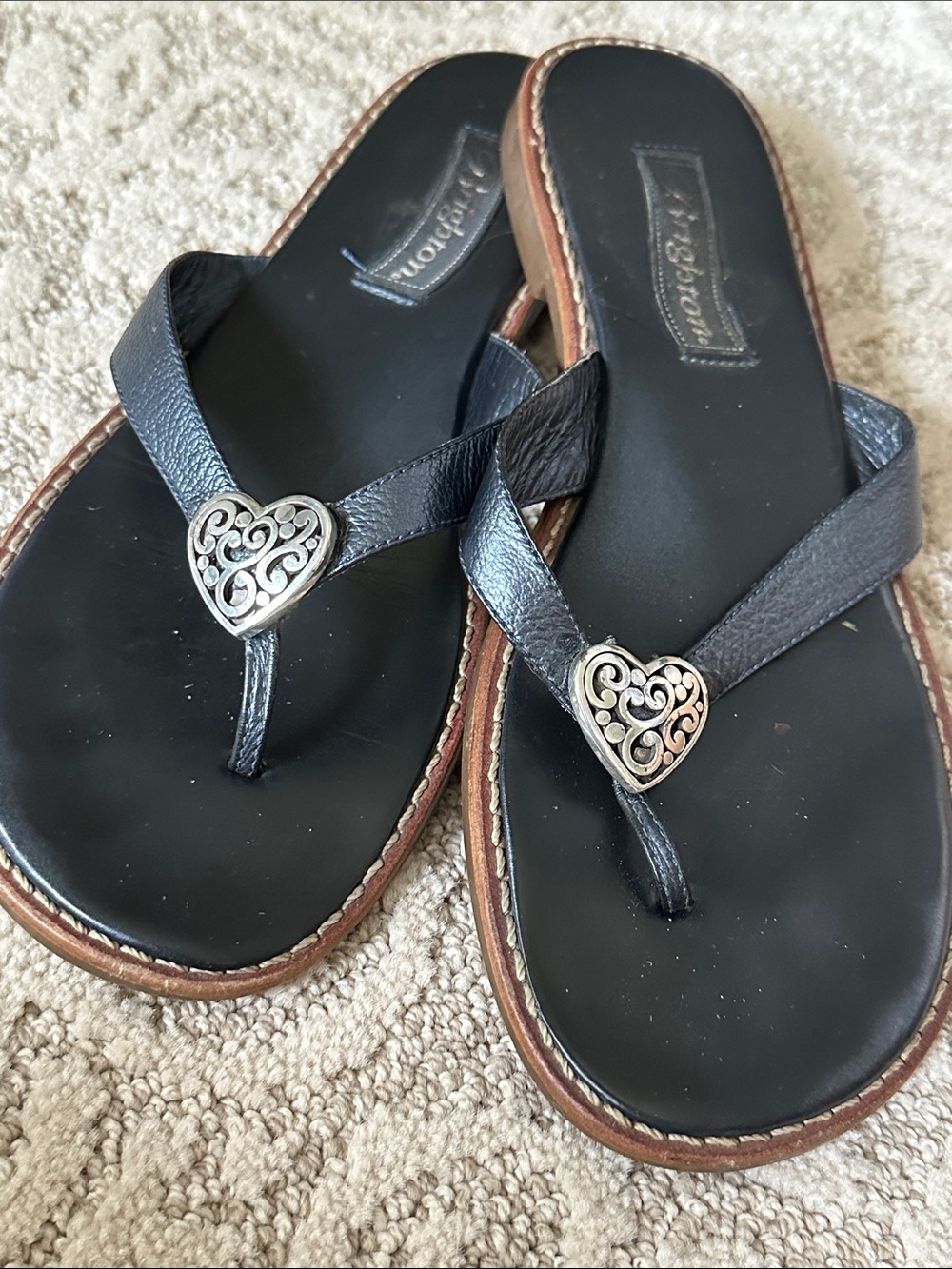 Brighton Black Leather Heart-Accent Thong Sandals